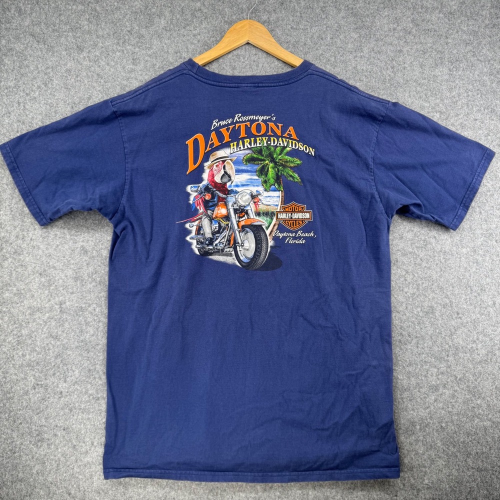 Y2K Harley-Davidson T-Shirt Mens XL Blue 2008 Daytona Bike Week Parrot Graphic